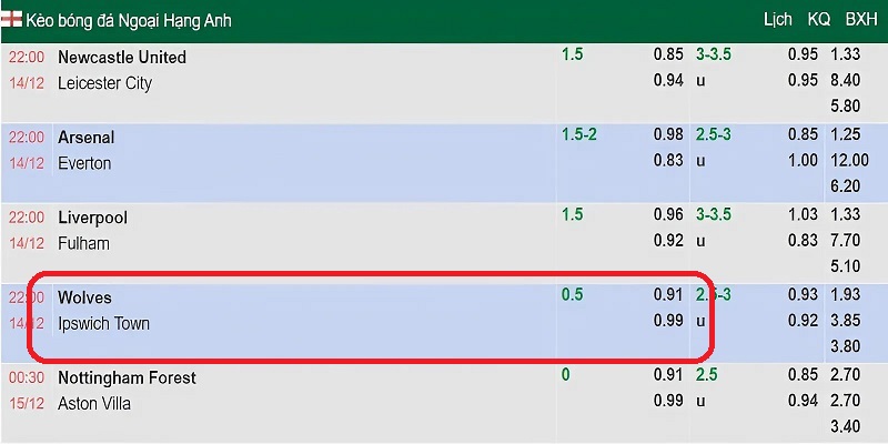 Thông tin kèo chấp nửa trái tại trận Wolves vs Ipswich Town